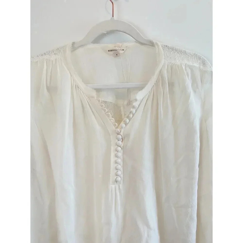 Rebecca Taylor White Lace Insert Long Sleeve Blouse Size 4 - Picture 9 of 9